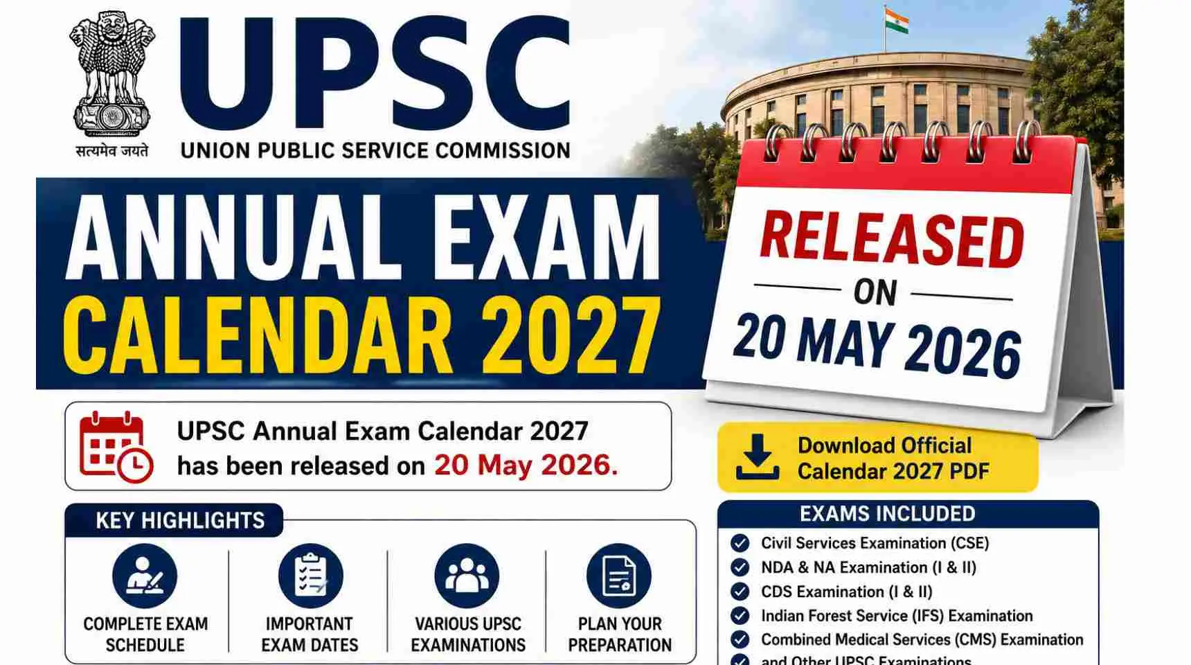 UPSC Annual Exam Calendar 2027 Released